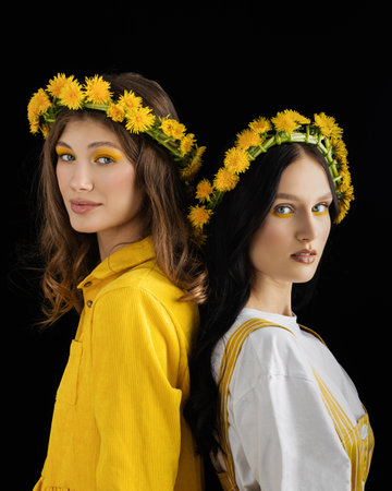 two Young girls with wreaths from dandelionsの写真素材