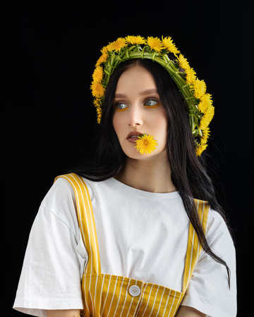 Pretty woman in white dress holding dandelion flowerの写真素材