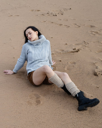Sexy girl on the fall beachの写真素材