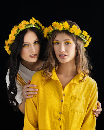 Two young and beautiful girls wearing summer dresses and flower wreaths on their heads stand side by side in studio. Both girls looking serene as they admire the beauty of nature.の写真素材