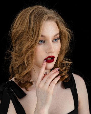 Beauty theme portrait of a beautiful young girl model with freckles on her face in a black dress on a dark background in the studioの写真素材