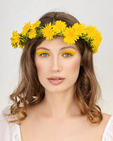 Closeup portrait Young woman in wreath from yellow dandelions.の写真素材