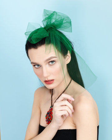 brunette lady bare shoulders red lips clean skin modelの写真素材