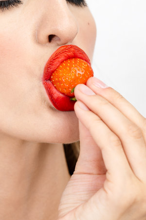 Sexy young woman with strawberry on white background, closeupの写真素材