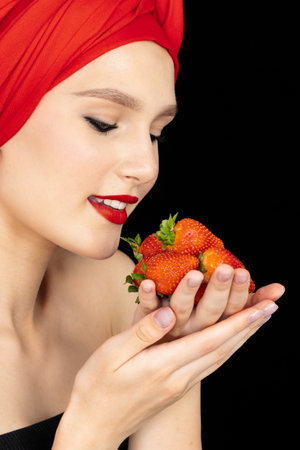 Fun woman with strawberry on the black backgroundの写真素材