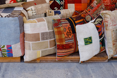 many rugs and pillows at the oriental bazaarの写真素材