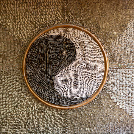 Yin and yang background texture black and white circle symbolの写真素材