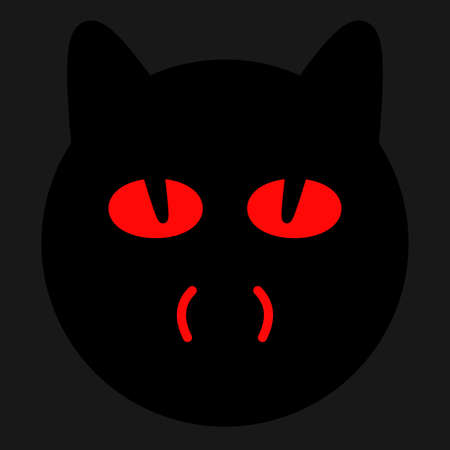 Black cat's head with red eyes and fangs against a dark background.