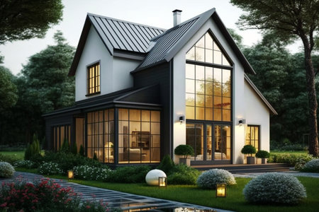 3d rendering of modern cozy house in chalet style with garage for sale or rent with beautiful landscaping on background. Clear summer evening with cozy light from window.の素材