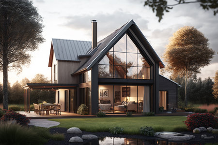 3d rendering of modern cozy chalet with pool and parking for sale or rent. Black timber beams columns. Clear sunny summer evening with blue sky.の素材