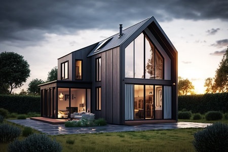 modern cozy house with pool and parking for sale or rent in luxurious style and beautiful landscaping on background. Clear summer evening with golden light from window.の素材