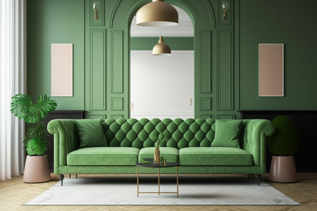 Bright large living room with green couch. Modern interior design. Space beige background for mockup. idea for design. AIの素材