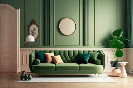 Bright large living room with green couch. Modern interior design. Space beige background for mockup. idea for design. AIの素材