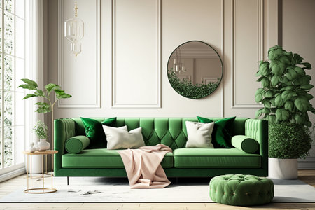 Bright large living room with green couch. Modern interior design. Space beige background for mockup. idea for design. AIの素材