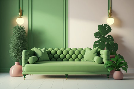 Bright large living room with green couch. Modern interior design. Space beige background for mockup. idea for design. AIの素材