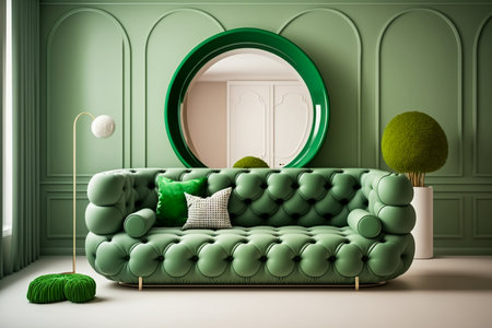 Bright large living room with green couch. Modern interior design. Space beige background for mockup. idea for design. AIの素材