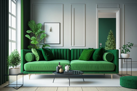 Bright large living room with green couch. Modern interior design. Space beige background for mockup. idea for design. AIの素材