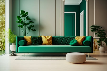 Bright large living room with green couch. Modern interior design. Space beige background for mockup. idea for design. AIの素材