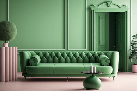 Bright large living room with green couch. Modern interior design. Space beige background for mockup. idea for design. AIの素材