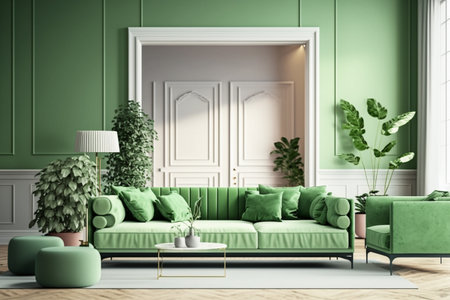 Bright large living room with green couch. Modern interior design. Space beige background for mockup. idea for design. AIの素材