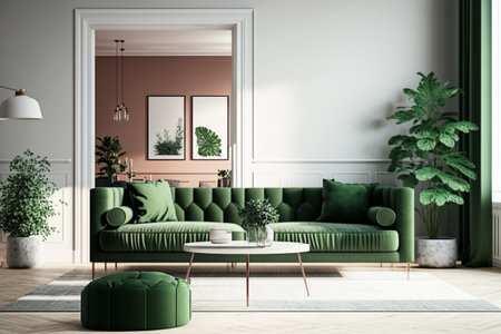 Bright large living room with green couch. Modern interior design. Space beige background for mockup. idea for design. AIの素材