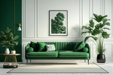 Bright large living room with green couch. Modern interior design. Space beige background for mockup. idea for design. AIの素材