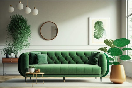 Bright large living room with green couch. Modern interior design. Space beige background for mockup. idea for design. AIの素材