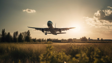 Airplane in the sky over the field at sunset. travel conceptの素材