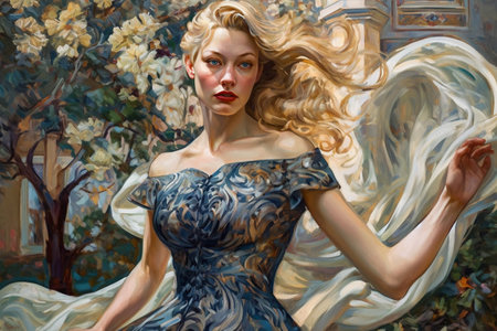 Epic portrait of a Beautiful blond hair blue eyed young lady with highly detailed intricate dress, twirling in the middle of an ornate formal garden, Generative Aiの素材