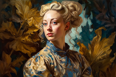 Epic portrait of a Beautiful blond hair blue eyed young lady with highly detailed intricate dress, twirling in the middle of an ornate formal garden, Generative Aiの素材