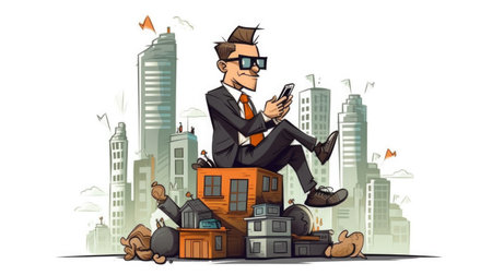 funny illustration of a business guy sitting on a lot of commercial buildings, white background, Generative Aiの素材