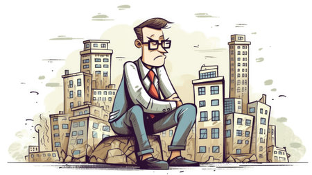 funny illustration of a business guy sitting on a lot of commercial buildings, white background, Generative Aiの素材
