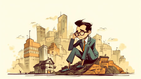 funny illustration of a business guy sitting on a lot of commercial buildings, white background, Generative Aiの素材