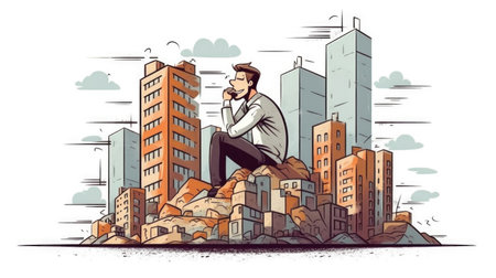 funny illustration of a business guy sitting on a lot of commercial buildings, white background, Generative Aiの素材