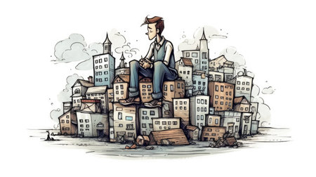 funny illustration of a business guy sitting on a lot of commercial buildings, white background, Generative Aiの素材