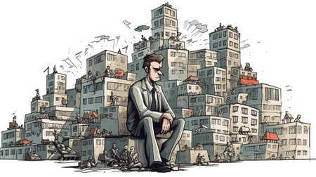 funny illustration of a business guy sitting on a lot of commercial buildings, white background, Generative Aiの素材