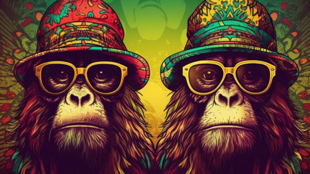 two monkeys with hats and sunglasses, standing behind each other, in the style of colorful fantasy, animals and people, retro rock, indian pop culture, retro-style, Generative Aiの素材