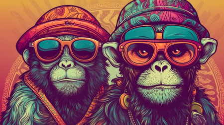 two monkeys with hats and sunglasses, standing behind each other, in the style of colorful fantasy, animals and people, retro rock, indian pop culture, retro-style, Generative Aiの素材