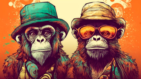 two monkeys with hats and sunglasses, standing behind each other, in the style of colorful fantasy, animals and people, retro rock, indian pop culture, retro-style, Generative Aiの素材
