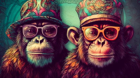 two monkeys with hats and sunglasses, standing behind each other, in the style of colorful fantasy, animals and people, retro rock, indian pop culture, retro-style, Generative Aiの素材