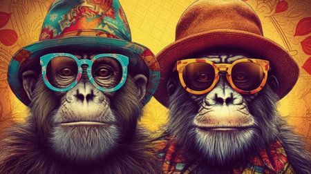 two monkeys with hats and sunglasses, standing behind each other, in the style of colorful fantasy, animals and people, retro rock, indian pop culture, retro-style, Generative Aiの素材