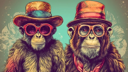 two monkeys with hats and sunglasses, standing behind each other, in the style of colorful fantasy, animals and people, retro rock, indian pop culture, retro-style, Generative Aiの素材