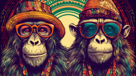 two monkeys with hats and sunglasses, standing behind each other, in the style of colorful fantasy, animals and people, retro rock, indian pop culture, retro-style, Generative Aiの素材