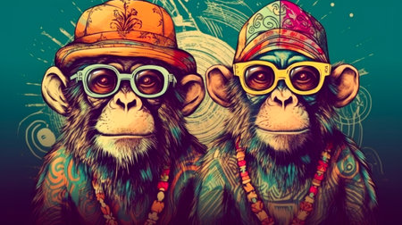 two monkeys with hats and sunglasses, standing behind each other, in the style of colorful fantasy, animals and people, retro rock, indian pop culture, retro-style, Generative Aiの素材