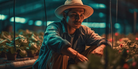 Happy Latin farmer working inside agricultural greenhouse - Farm people lifestyle concept, Generative Aiの素材