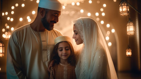 a beautiful mosque and two arab parents with tradition loin and their daughter and looking happy on eid, Generative Aiの素材