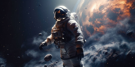 Astronaut floating in space. New worlds and unexplored galaxies. Asteroids and planets. Uninhabited rock masses. scifi. Exploration of new worlds, Generative AIの素材