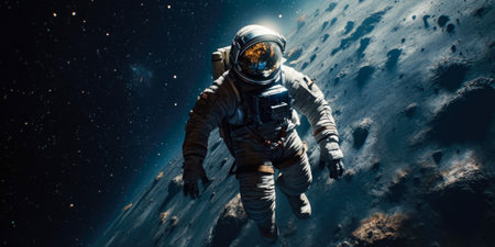 Astronaut floating in space. New worlds and unexplored galaxies. Asteroids and planets. Uninhabited rock masses. scifi. Exploration of new worlds, Generative AIの素材