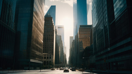 downtown financial district and city skyline, city, glass tall buildings, Generative Aiの素材