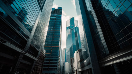 downtown financial district and city skyline, city, glass tall buildings, Generative Aiの素材